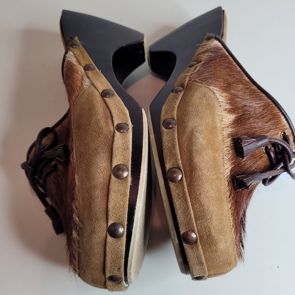 Mystique Calf Hair Leather Wooden Clogs Size Women's 7 - Picture 8 of 13